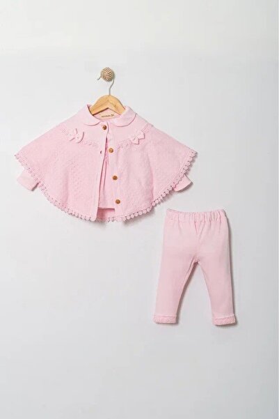 MİNİBORN 100% Organic Cotton Lace Detailed Baby Girl 3-Piece Set Pink