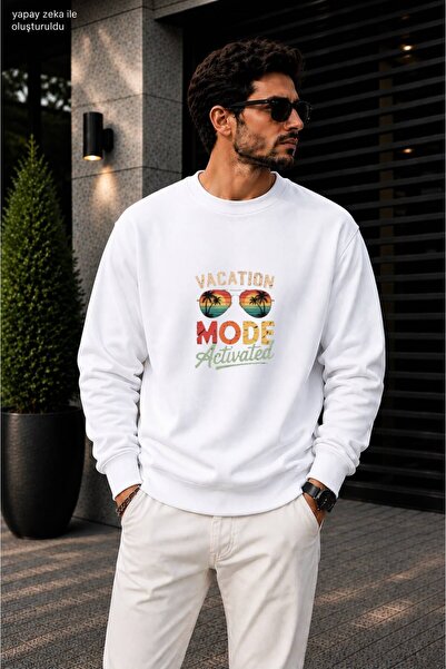 caddekombin Men's Vacation Mode Written Sunglasses Printed Round Crew Neck Co...