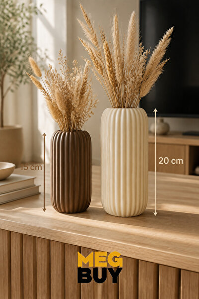 MEGBUY 2’li Dekoratif Fitilli Vazo Seti Bej Kahverengi Kuru Çiçeklik 20 cm ve...