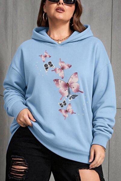 Oksit Sw Butterfly Printed Women's Large Size Oversized Hooded Two-Thread Cot...