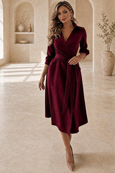 Deafox Rochie din țesătură crep, cu guler tip cămașă, culoare burgundy, cu mâ...