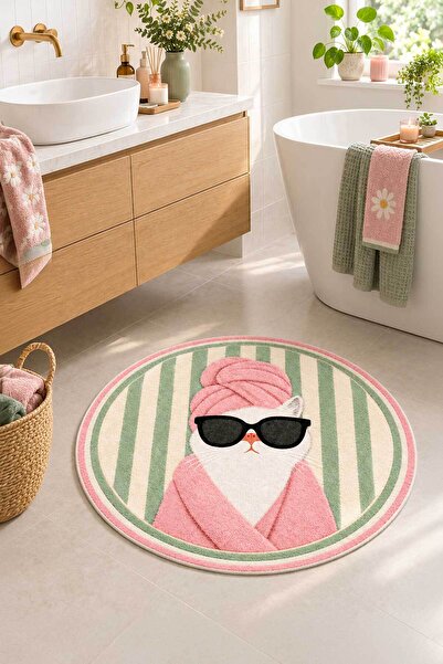 Toronto Home Digital Non-Slip Washable Round Bath Mat with Cat Design Bathroo...