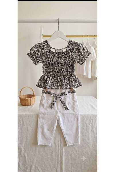 2bebek1butik Girls' Ruched Sleeve Detail Bluz with Belt Capri Pants