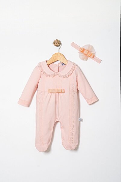 MİNİBORN 100% Organic Lace Detailed Baby Girl Romper Set Salmon