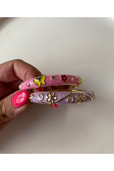 Kardila Jewelry Pembe ve Lila Çiçek Detaylı İkili Çocuk Bileklik Seti