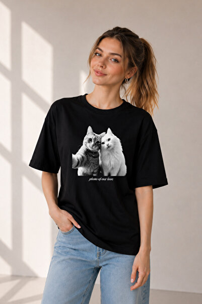 FANA Kadın Kedi Baskılı Pamuklu Tişört Oversize Y2K Vintage Grafik Bisiklet Yaka