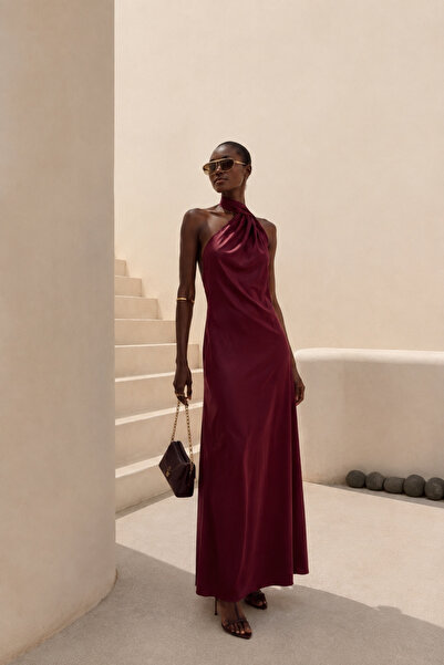 Black Fashion Şal Detay Tek Omuz Bordo Maxi Elbise