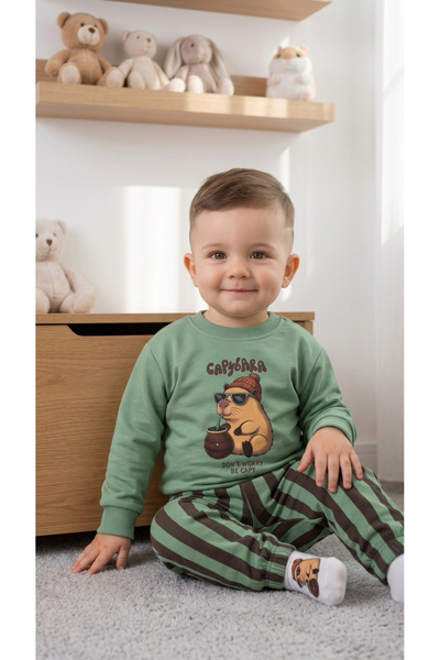 Asila Baby Capybara Printed Stretchy Fabric Sweatshirt, Striped Trousers and Printed Socks 3-Piece Seasonal Baby Boy Set