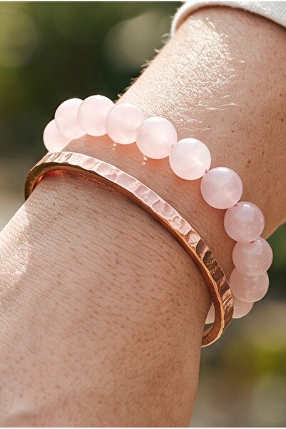 NBS Beautiful Naturel Stones Pink Quartz, Pure Copper Bracelet Set, Combinati...