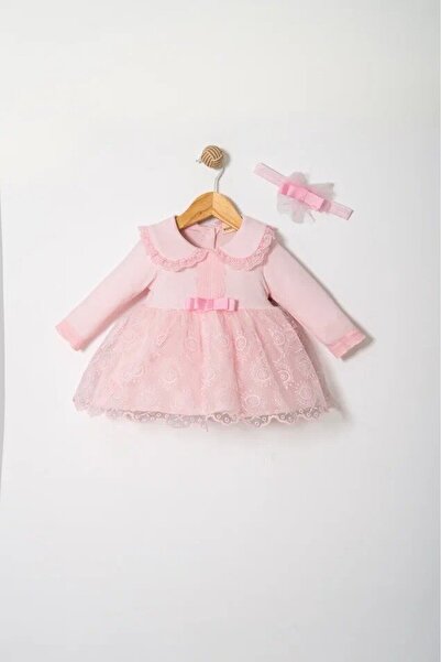 MİNİBORN 100% Organic Cotton Lace Detailed Baby Girl Dress Set Pink