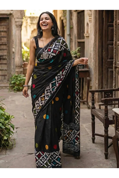 MYSMAR Black Pure Cotton Geometric Block Print Saree - FFT7375 | Black & Mult...