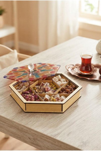 LAZORİAE Geometric Plexiglass Covered Wooden Candy Bowl, 5-Compartment Turkish Delight Chocolate Box, Treat Box 25 cm