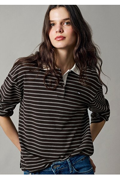 Mavi Logo Printed Striped Polo Collar Regular Fit Women's Sweatshirt.