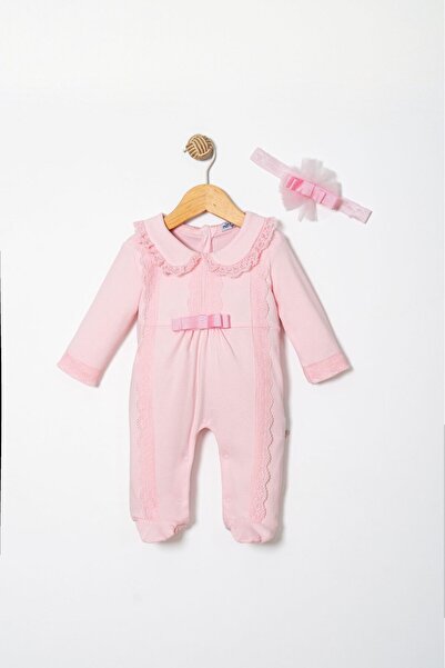 MİNİBORN 100% Organic Lace Detailed Baby Girl Romper Set Pink