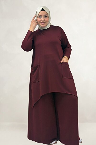 Eslina 68086 Plus Size Skirt Oval Cut Modal Tunic - Burgundy
