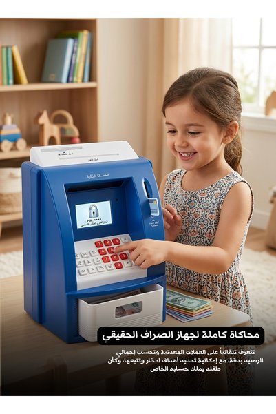 Generic لعبة ماكينة صراف آلي للأطفال، مع خاصية التعرف التلقائي على العملات وحاسبة الميزان، وهدف التوفير، وإعداد رمز PIN، وساعة، ومنبه، وحاسبة.