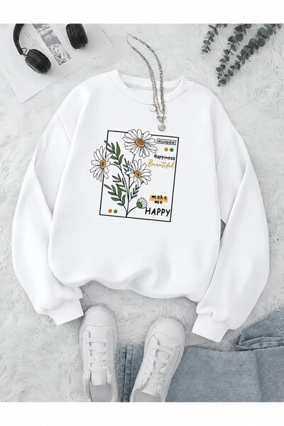 Trend Sizde Unisex Daisy Happy Printed Crew Neck Sweatshirt