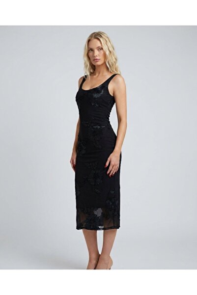 IT OhMyDress Rochie midi elegantă neagră cu broderie florală pentru ocazii sp...