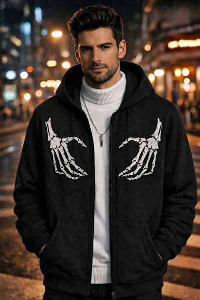 Oceanwear Μαύρο φούτερ με κουκούλα και φερμουάρ σε στυλ δρόμου με σχέδιο σκελ...