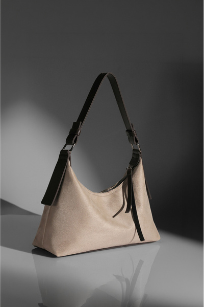 Rimense Women's Cream Suede Lined Hand and Shoulder Bag