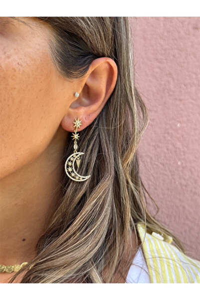 Tuysa Jewelry Özel Seri 2'li Ay ve Yıldız Taşlı Sallantılı Küpe Seti