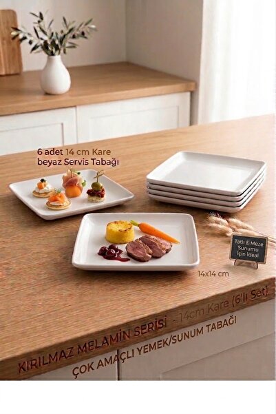 BİODATA 6 Pieces 14 cm White Square Serving Plate Unbreakable Melamine Small ...