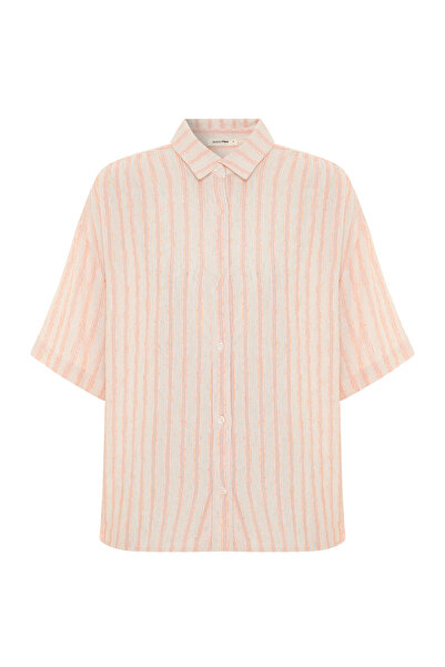 Mudo Women's Ecru Striped Oversize Short Sleeve Shirt