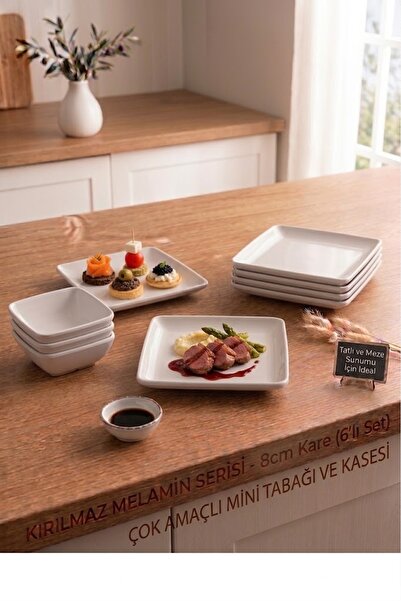 BİODATA 6 Pieces 8 cm White Square Serving Plate Unbreakable Melamine Mini Sa...