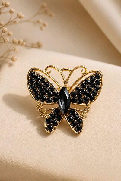 mosmoda Gold Siyah Taşlı Kelebek Broş, Uzunluk: 4cm, Genişlik: 4cm