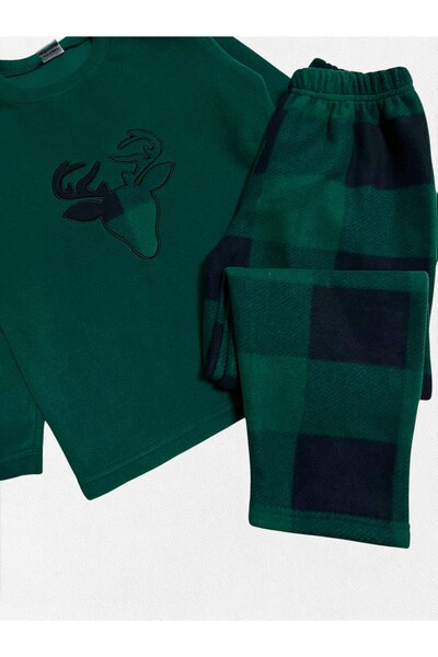 Mini night Boys' Cotton Fleece Winter Pajama Set with Sleep Band, Deer Pattern, Green Color