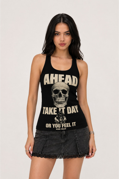 None Wear Siyah Gotik Harajuku Go Ahead Make My Day Y2K Askılı Crop