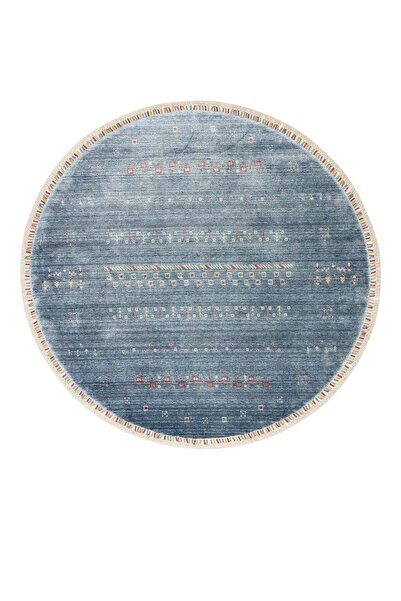 Etnik Home ZARA 06 BLUE Yuvarlak Otantik Desenli Özel Hav Vermeyen ve Kolay T...