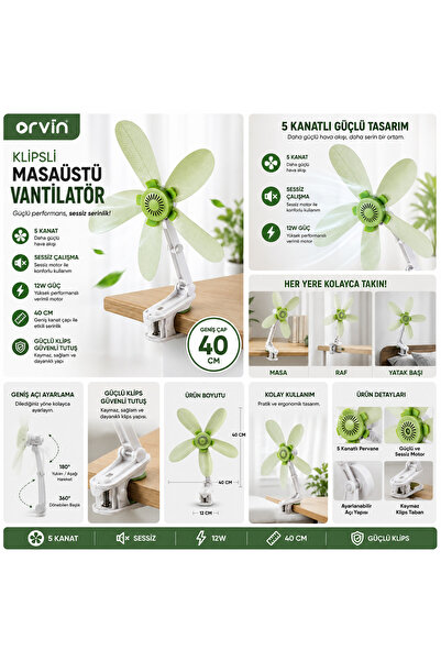 Global 40 cm Klipsli Masaüstü Vantilatör 5 Kanatlı 12W Sessiz Çalışan Kablolu...