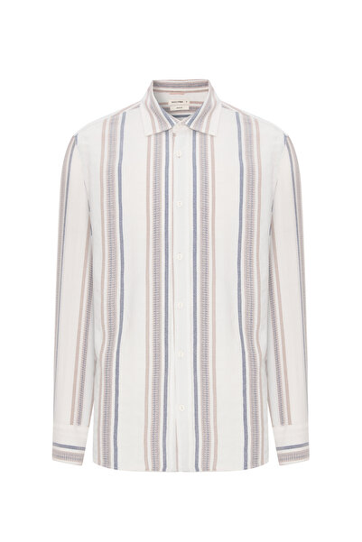 Mudo Men's Ecru Regular Fit Striped Long Sleeve Shirt