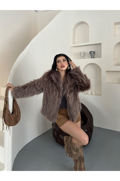 Nes Moda Kadın Yeni Premium Jakarlı Suni Kürk Peluş Ceket Mont