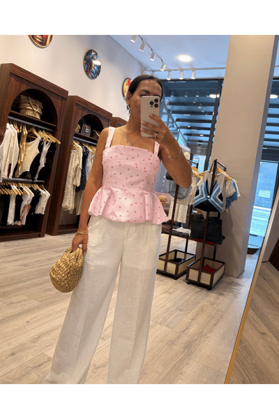 Duygu Sultan Kare Yaka Çiçek Desenli Peplum Büstiyer – Pembe