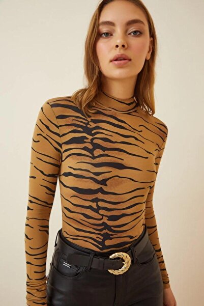 ladyzey Women's Tiger Pattern Half Fisherman Long Sleeve Blouse