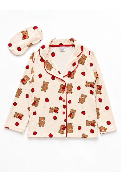 Fil Kids Mother-Daughter Cotton Suede Strawberry Teddy Bear Patterned Winter Shirt Collar Buttoned Sleep Band Pajama Set Beige Color