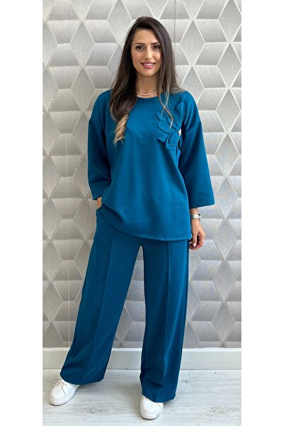 OnlyForYou Set din vâscoză 50% și elastan cu bluză oversize, floare 3D pe piept și pantaloni largi cu talie elastică și șnur