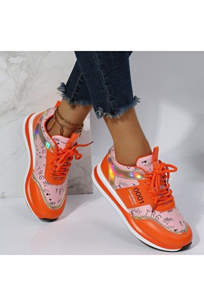 dorbe Women's Orange Letter Print Lace-Up Sneakers