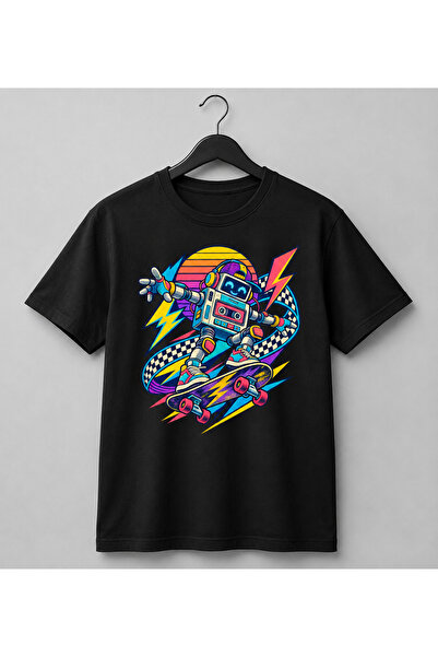 Generic Brand Tricou Alb Unisex cu Robot Casetofon pe Skateboard – Imprimeu R...