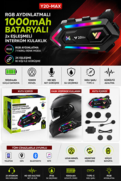 ekovolt Motosiklet Kask İnterkom IPX6 Su Geçirmez İkili Bağlantılı Rgb Işıklı...