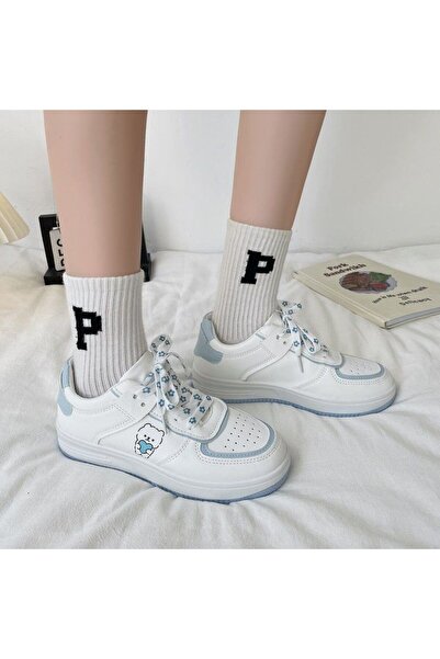 dorbe Women's White and Blue Cartoon Sneakers
