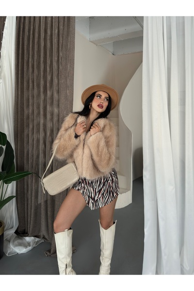 Nes Moda Kadın Yeni Premium Jakarlı Suni Kürk Peluş Yakasız Ceket