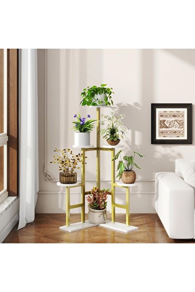 IBUYKE Etajeră pentru plante, 4 niveluri și 5 rafturi, 56,5 x 40 x 108 cm, Lemn prelucrat și metal, Culoare auriu