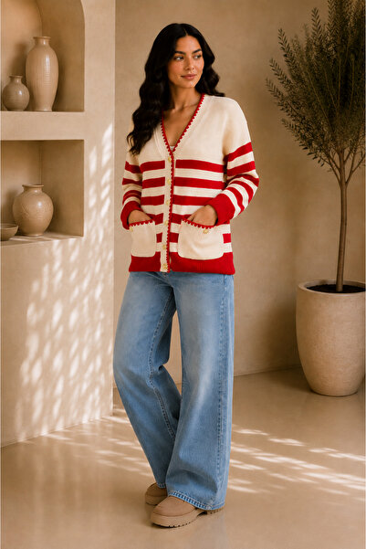 Cherry Butik Red Beige Striped Buttoned Pocket Cardigan