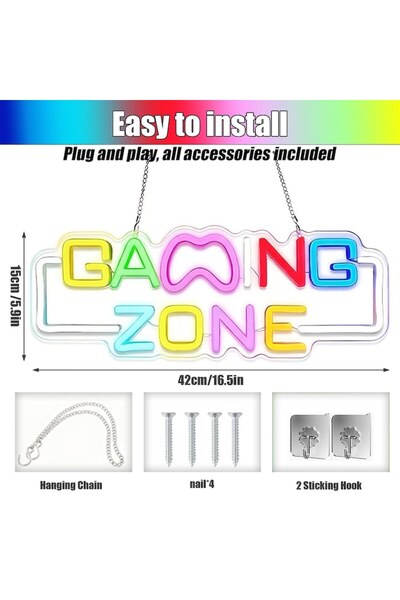 OEM Semn decorativ LED Zona de Gaming, luminozitate reglabilă pe 5 niveluri, alimentat prin USB, 42 x 15 cm, acrilic, multicolor