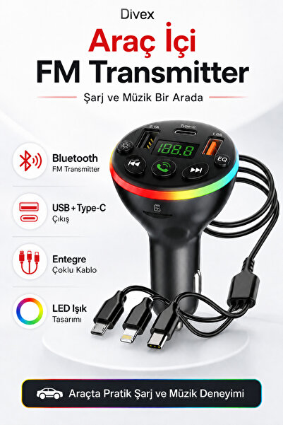 Divex Bluetooth 5.0 FM Transmitter Araç Şarj Cihazı – 3 Uçlu Entegre Kablolu,...