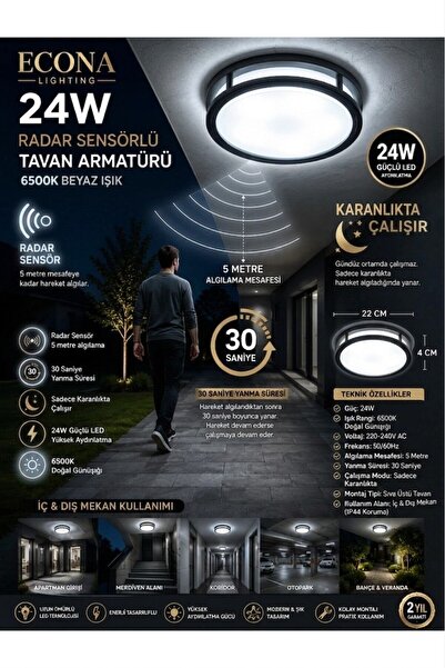 ECONA 24w Led,li Radar Sensörlü Sıva Üstü Tavan Armatürü,BEYAZ IŞIK Yüksek Lü...