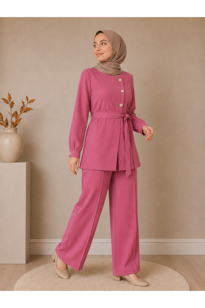 OKTAYUSTA COLLECTİON Cotton Buttoned Double Suit with Mobile Belt Dusty Rose